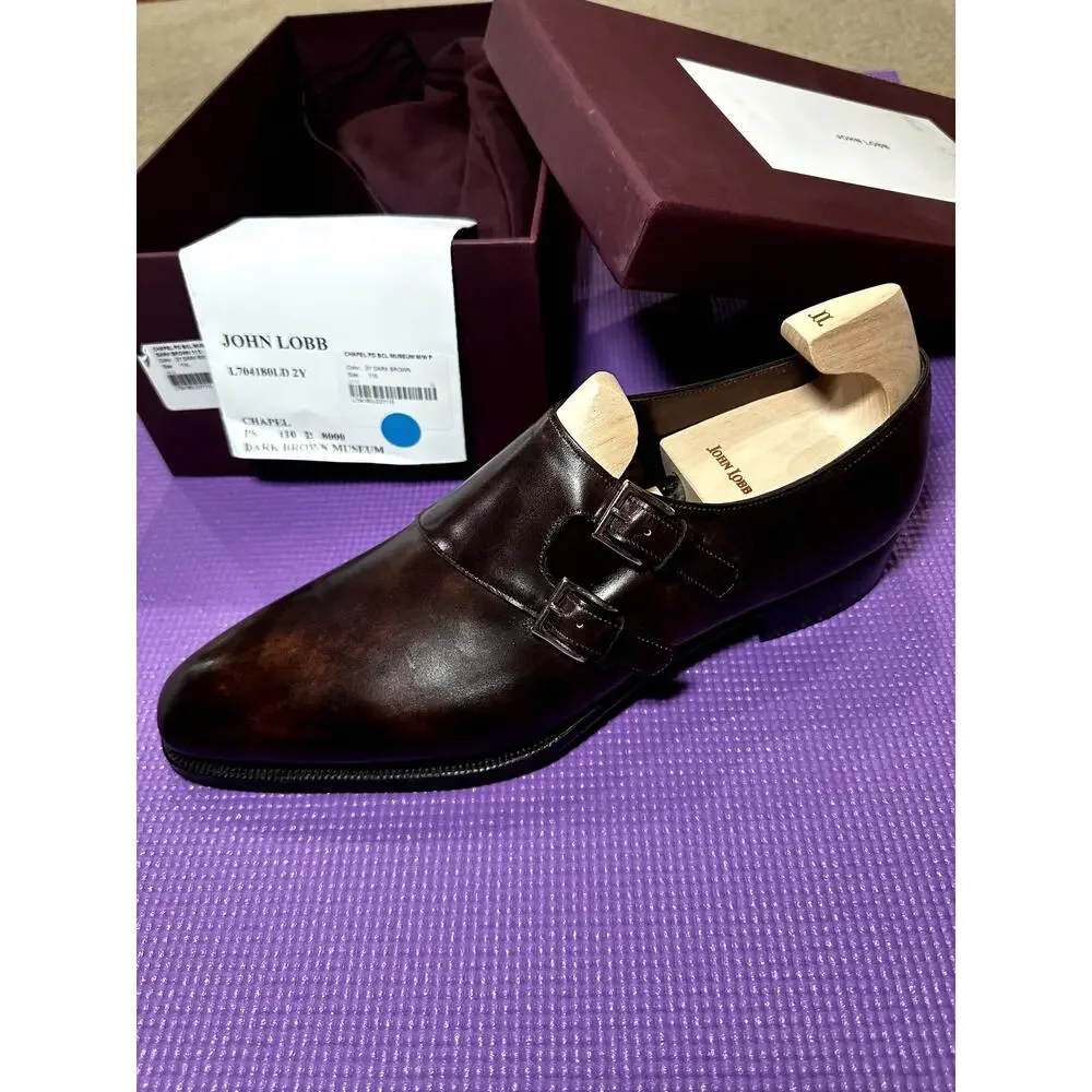 New John Lobb Chapel Double Monk Strap Shoes Dark Brown Museum Calf UK 11 US 12
